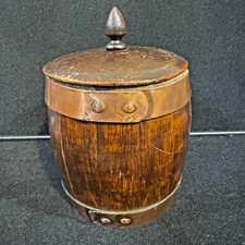 Antique Early 19th Century English Oak Tobacco Jar Barrel Copper Banding picture