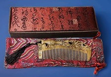 Beautiful Antique Carved Green Sandalwood Comb Double Sided Massage + Bag & Box picture