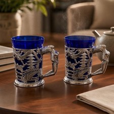 Vintage Cobalt Blue Glass Japanese Dragon Steins Pair Nude Lady Handles MCM picture