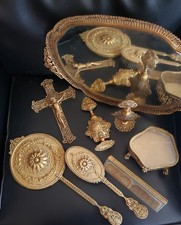 VTG 1940'S VANITY SET 8 PC HOLLYWOOD REGENCY ORMOLU APOLLO STYLEBUILT GOLD... picture