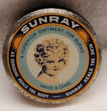 ANTIQUE SUNRAY FULL OINTMENT TIN w AWESOME GRAPHICS DAVENPORT IOWA DRUG STORE  picture