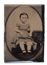 1860s Civil War Era Child Off Shoulder Dress Tinted 1/6 Plate Tintype picture