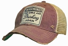 Vintage Life Warning The Girls Are Drinking Again Distressed Trucker Cap, Maroon picture