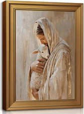 Gold Framed Vintage Wall Art Jesus and Lamb Canvas Printing Bible Stories save T picture