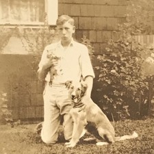 1933 A Boy w/ Kitten Cat & Dog Prince & Tizzie Snapshot Photograph  ID'd picture