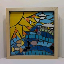 Handmade Mosaic Wall Art Signed Abstract Sun Blue Yellow Ceramic Tile Framed picture