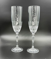 Pair of Vintage Clear Cut Crystal Champagne Flutes - Faceted Stem Diamond Bowl picture