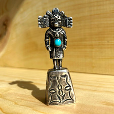 Sterling silver Native American Metal Figurine Handle Bell, Turquoise picture