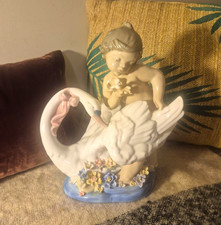 Vintage Porcelain Statue Glitter Winged Cherub With Swan 10