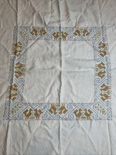 Vintage Linen Embroidered Roosters Tablecloth 39 X 40 picture