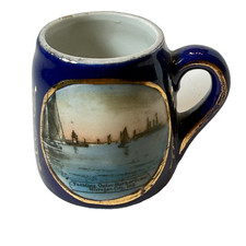 MICHIGAN CITY  INDIANA Antique YACHT Souvenir Cobalt China Trinket CUP picture