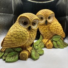 Vintage 70's Homco Owl Pair Figurine Statues Resin Yellow Green Retro  picture
