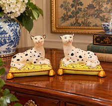 Pair Chinoiserie Spotted Leopard Cat Figurines Porcelain Tassel Cushions China picture