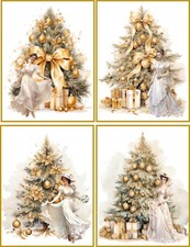 8 Christmas gold Tree vintage victorian ladies glossy blank cards with envelopes picture