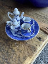 Vintage Miniature Tea Set Fine Bone China Silver Trim Blue Willow 10 pieces picture