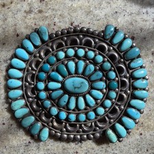 BIG Old Native American Sterling & Turquoise Cluster Pin/pendant. 4.5 Inches. picture