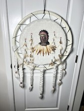Vintage Native American Mandella Dream Catcher Fur Wool Large 25” Diameter picture