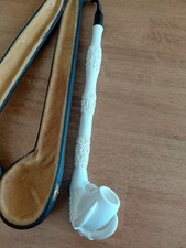 White Meerschaum Tobacco Pipe, Unused Long Carved Stem original Leather Case Loo picture