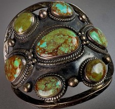 HUGE Vintage Navajo Sterling Silver Royston Turquoise Shield Cuff Bracelet picture