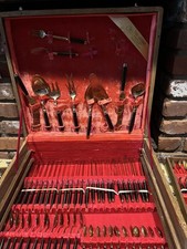 Vintage Thai Flatware Set Bronze Wood 143 Pieces W/3 Tier Wooden Case Nice GIFT picture