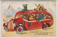 Vintage French Postcard w/Accordion of Tour Bus 