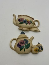 2 VTG Burwood Home Interiors Tea Pot Pansies Wall Plaque Decor Hanging Flowers picture