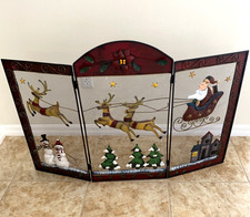 VTG Christmas Fireplace Screen Trifold Metal Santa Claus Reindeer Snowmen 48x32 picture