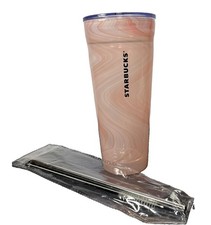 RARE 2017 Starbucks Glass Coral Pink Marble Swirl Venti 20oz Tumbler W/Lid picture