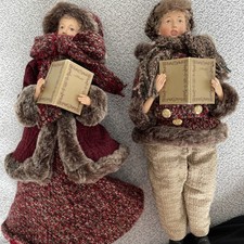 Two Vintage Christmas Carolers Caroling Dolls Tallest 14.5” RARE Real Clothes picture