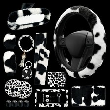 18 Pcs Cow Print Car Accessories Set Interior - Fluffy Steering Wheel Cover, ... picture