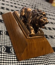 Antique Hardwood Mounted Solid Bronze Lion Figurine Statuette Paperweight picture
