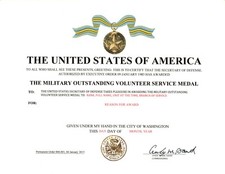 The Military Outstanding Volunteer Service Medal Certificate Army Navy USMC USAF picture