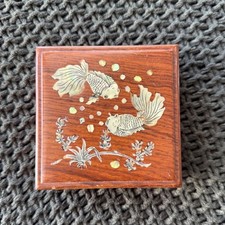 Vintage Chinese Trinket Box Mother of Pearl Inlay Rosewood Koi Fish Jewelry 3.5