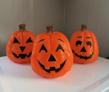 (3) VTG Melted Plastic Popcorn Pumpkin Jack-O-Lantern Halloween 8.5