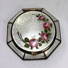 VTG White Guilloche Enamel Octagonal Makeup Compact Hand painted Roses picture