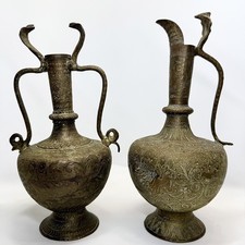 Set (2)Antique 19th c Copper Indian Pitcher/Ewer HandChased Cobra Detailed 10.5” picture