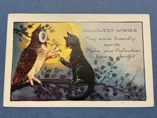 Whitney Made Halloween Greetings Black Cat Owl Vintage Postcard Gold Emb Unused picture
