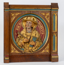 Antique flemish neo gothic wood carved plaque saint Hieronymus polychromie rare picture