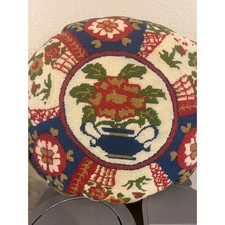 Vintage 14” Round Floral Needlepoint Pillow–Cottagecore Botanical Tapestry Décor picture
