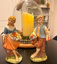 Vtg Lefton Porcelain Figurines Pair Boy Girl Fruit Baskets 470 Japan picture