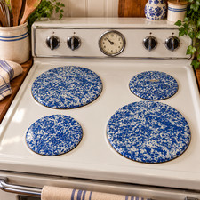VTG c. 1930s–1940s Blue & White Splatter Enamelware Stove Burner Covers – Set 4 picture