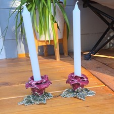 Vintage Pair of Dainty  SOFT purple Rose-petal Porcelain CANDLEHOLDERS - Japan picture