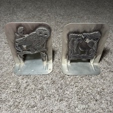 Vintage Metzke Pewter Owl Elephant Bookends 1980s Ornate Aluminum Metal MCM Pair picture