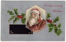 1909 Embossed Santa Hexagon Portrait Holly Silver Christmas Postcard Germany picture