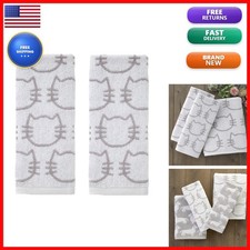 SKL Home Cat Hand Towel Set 2pc 100% Cotton Reversible White/Gray picture