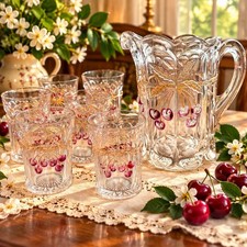 Antique EAPG Northwood “Cherry And Cable” Water Set- Pitcher&6 Tumblers-Signed picture