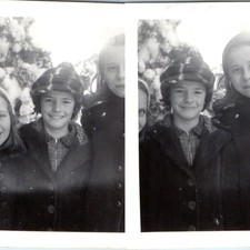 x2 LOT c1940s Cute Girls Plaid Winter Hat Coats Snowy Evergreen Snapshot 3.5