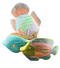 Vtg Pier 1 3pc Wooden Fish Folk Art Tropical Coastal Shelf Decor Pastel Rainbow picture