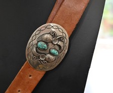 1970s Navajo Joe Yazzie N/S Turquoise Buckle on Tooled VFW Leather Belt Vintage picture