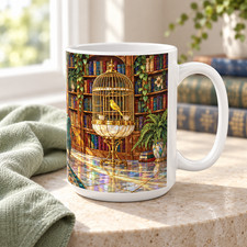 NEW Cozy Cat Napping in Chair Coffee Mug 15oz Stained Glass Look Bird Cage picture